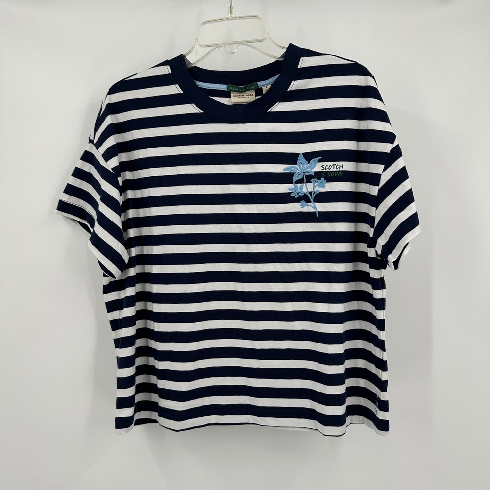 Scotch & Soda Womens Nautical Parisian Striped Top SIze L Minimalist Embroidered